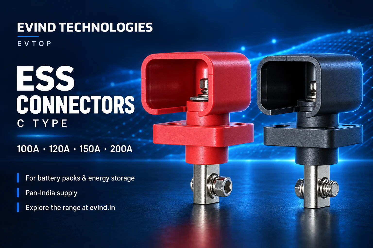 Evind ESS C-type red and black connectors in 100A, 120A, 150A and 200A ratings